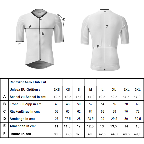 Größen Radtrikot Aero Club Cut 100% custom made